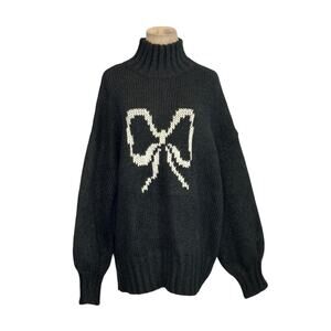 Lisa Says Gah Cece Black Ink Bow Knit Oversized Turtleneck Sweater Size M/L